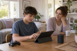 Teenager choosing music on a tablet at home.